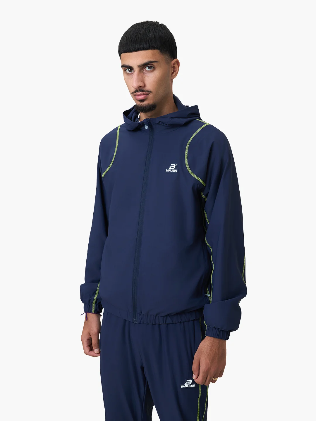 CONTRAST STITCH RETRO HOODED TRACKTOP | NAVY / LIME - Image 3