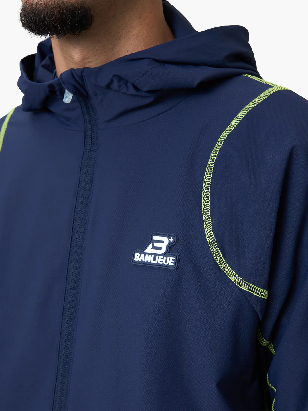 CONTRAST STITCH RETRO HOODED TRACKTOP | NAVY / LIME - Image 4