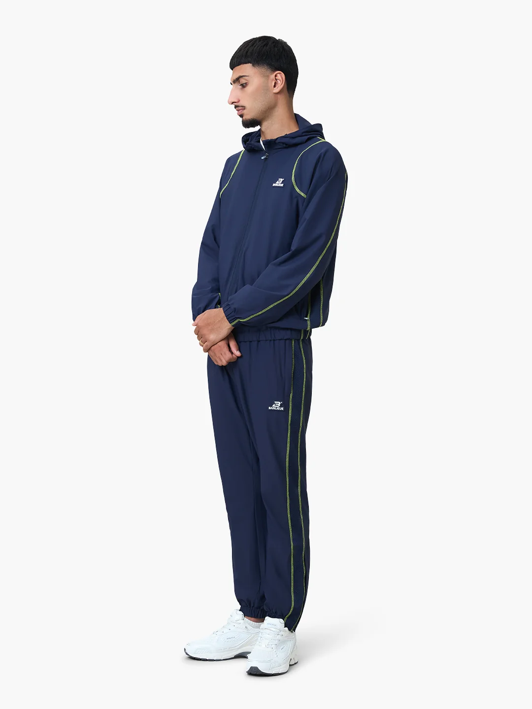 CONTRAST STITCH RETRO HOODED TRACKTOP | NAVY / LIME - Image 5